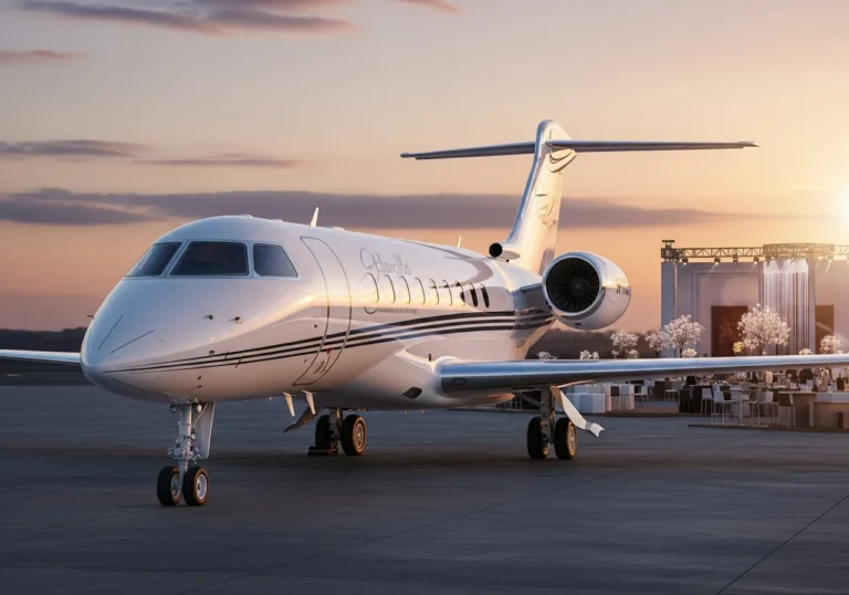Un jet privato di lusso parcheggiato su una pista aeroportuale al tramonto, con eleganti riflessi sulla carlinga, in un contesto di evento esclusivo Motorlux.