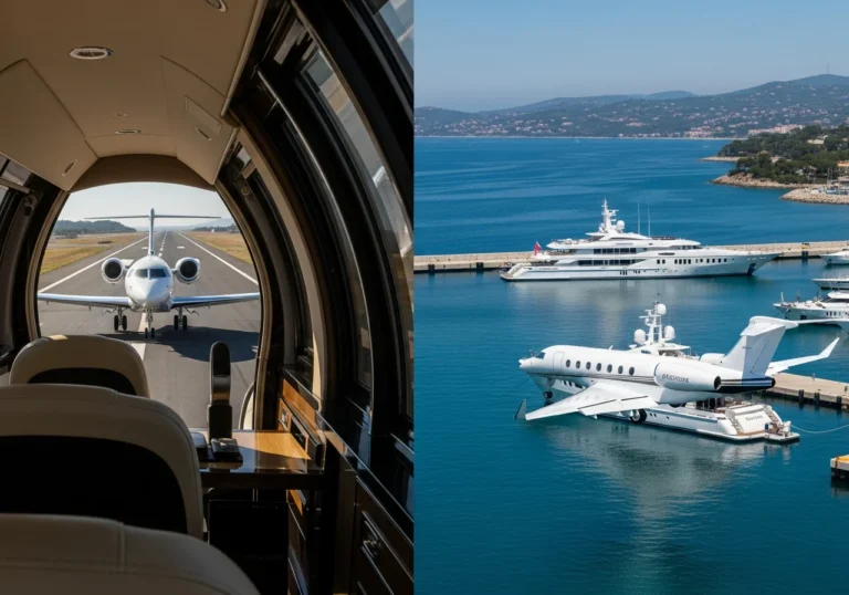 Un jet privato moderno e lussuoso atterra su una pista, mentre sullo sfondo un magnifico superyacht è ormeggiato in un porto turistico scintillante, simboleggiando la transizione senza soluzione di continuità tra viaggio aereo e marittimo di lusso.
