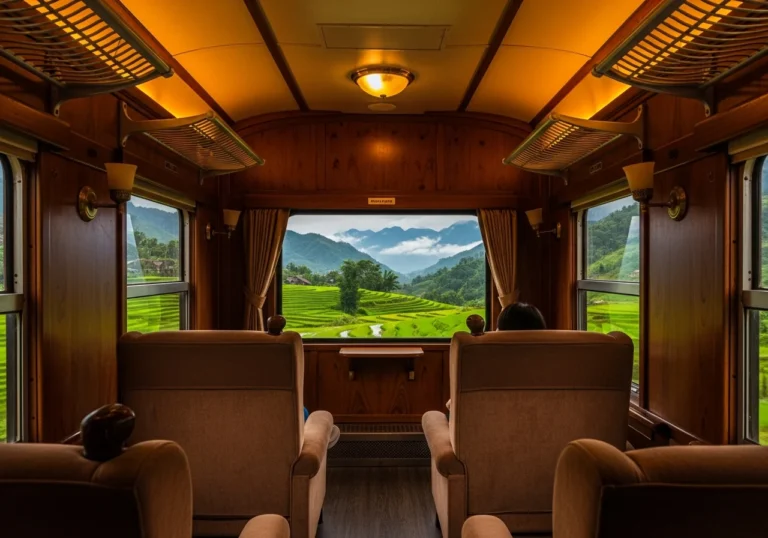 Interno lussuoso di un treno in viaggio in Vietnam, con arredi in legno e un'ampia finestra che mostra risaie terrazzate e montagne nebbiose.