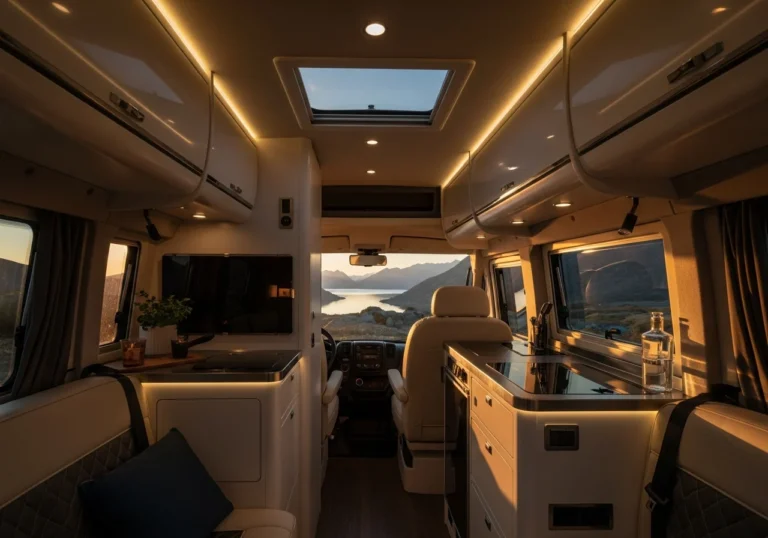 Interno di lusso di un campervan moderno, con arredamento elegante e vista su un paesaggio mozzafiato al tramonto, evocando un viaggio esclusivo.