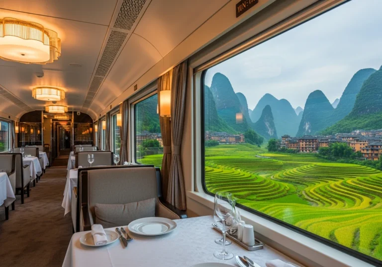 Interno di un lussuoso vagone ristorante di un treno in Cina, con ampie finestre panoramiche che rivelano un suggestivo paesaggio di montagne carsiche e terrazze di riso.