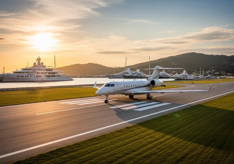 Lussuoso jet privato su pista aeroportuale costiera con un elegante superyacht attraccato in un porto turistico sullo sfondo, simbolo di un viaggio senza confini.