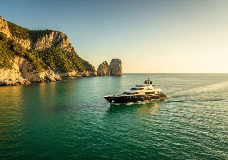 Un lussuoso yacht moderno naviga su acque cristalline vicino a una costa rocciosa, con un cielo sereno al tramonto. Scena di viaggio esclusivo.