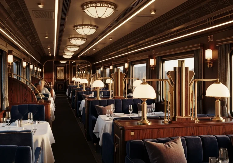 Interno lussuoso di un treno Belmond, con arredi in stile Art Déco e velluti, che riflette la visione artistica di Baz Luhrmann, illuminato dalla luce dorata del tramonto.