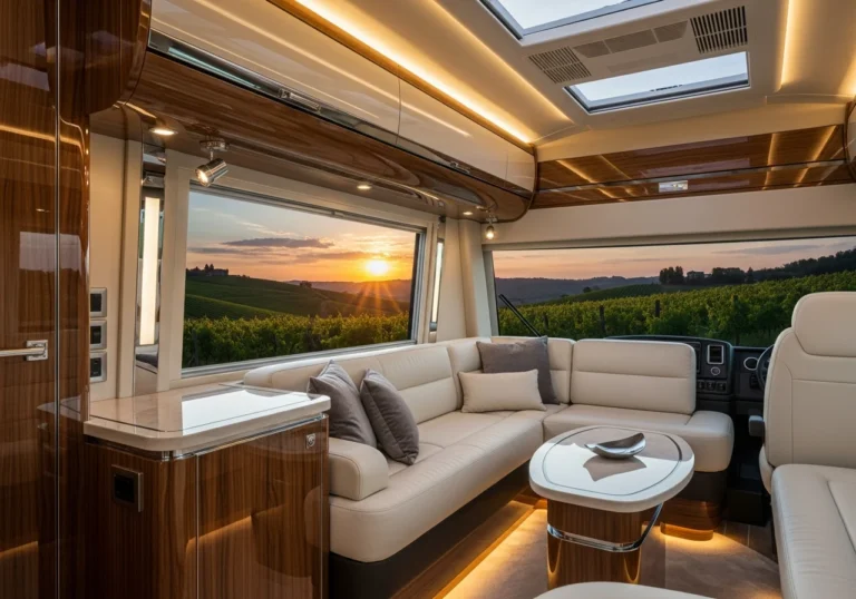 Interno elegante e moderno di un motorhome di lusso, con ampie finestre che mostrano un vigneto italiano al tramonto.