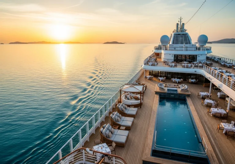 Una lussuosa nave da crociera al tramonto, con ponti eleganti e piscina a sfioro, naviga in acque cristalline verso isole lussureggianti.