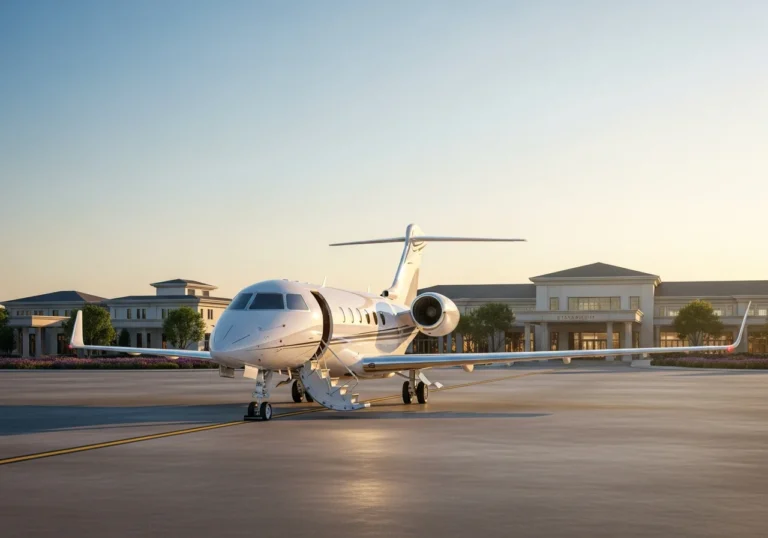 Un elegante jet privato moderno parcheggiato su una pista immacolata di un aeroporto di lusso al tramonto, con un terminal esclusivo sullo sfondo che evoca comfort e viaggi sofisticati.