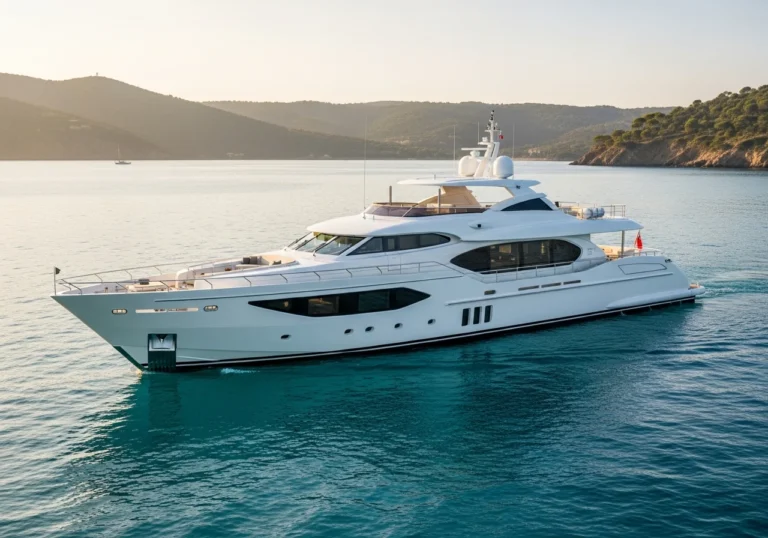 Un superyacht di lusso con interni firmati Armani naviga elegante nelle acque cristalline dell'Argentario, al tramonto, con le colline toscane sullo sfondo.