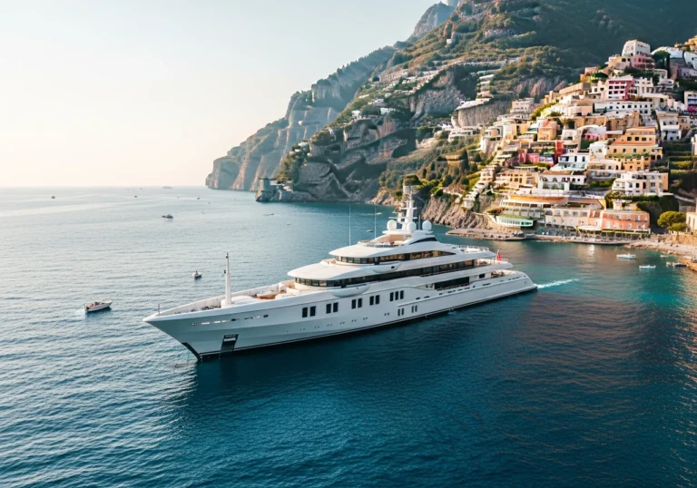 Superyacht Alaiya di 111 metri al largo di Atrani, Costiera Amalfitana, al tramonto, con scogliere e ville sullo sfondo.