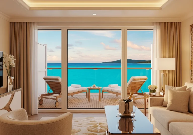 Interni lussuosi di una suite su una crociera ultra-lusso, con ampie vetrate che si affacciano sull'oceano al tramonto e un balcone privato.