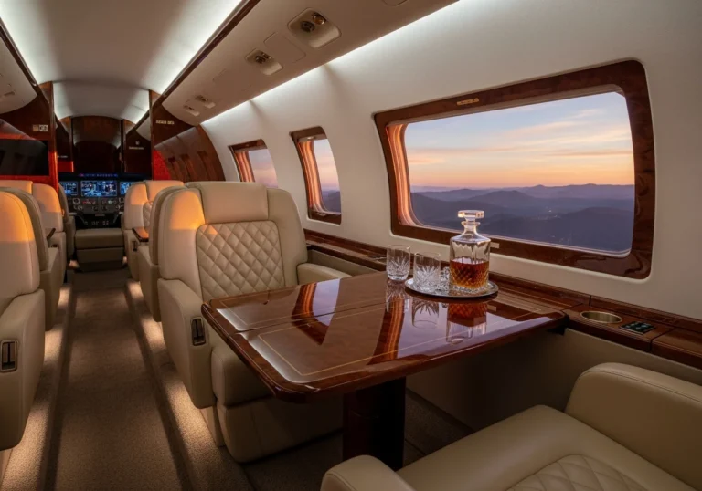 Interni lussuosi di un jet privato al tramonto, con poltrone in pelle pregiata, un tavolino elegante e una vista mozzafiato del cielo dorato.