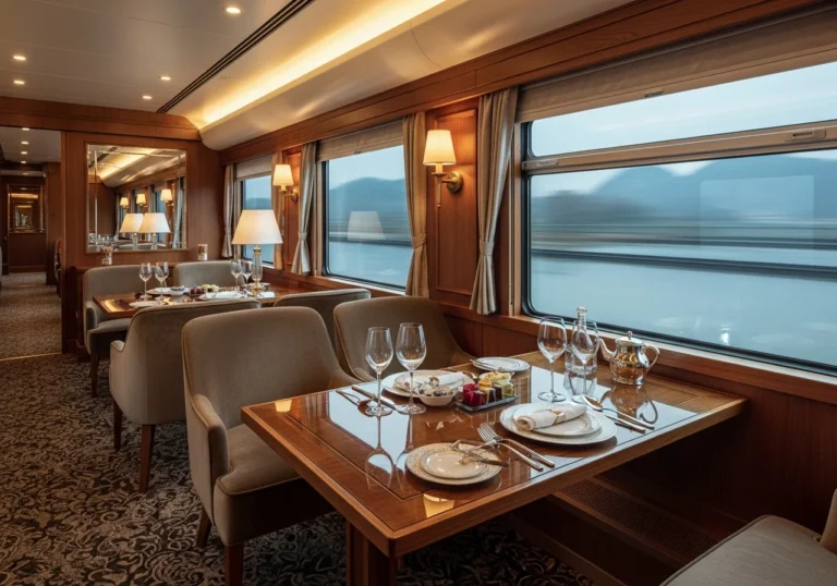 Interno lussuoso di una carrozza di un treno ultra-lusso in Cina, con poltrone di velluto, tavoli eleganti e grandi finestre panoramiche che rivelano un paesaggio cinese suggestivo.