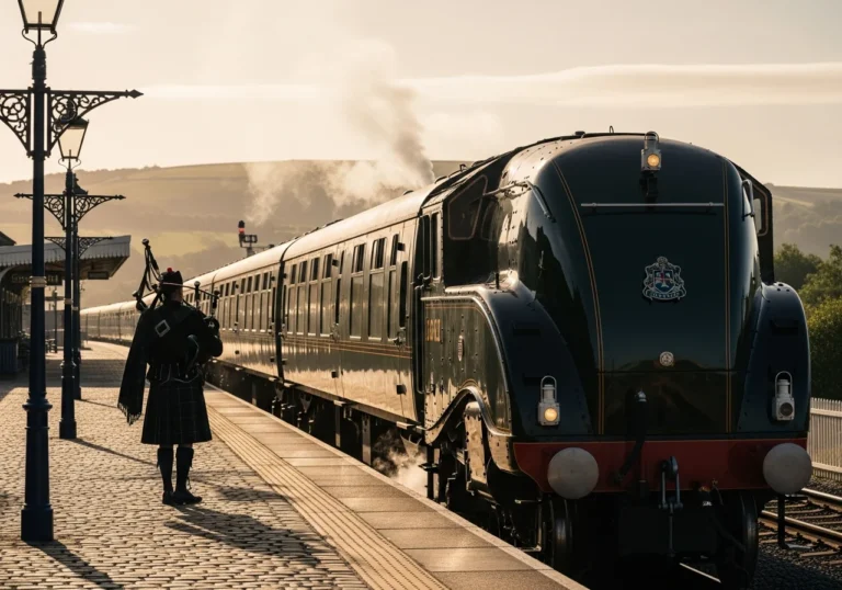 Un treno di lusso storico, splendidamente restaurato in verde scuro e oro, parte lentamente da una stazione. Sul binario, un musicista in abiti tradizionali scozzesi suona le cornamuse, creando un'atmosfera suggestiva al tramonto.