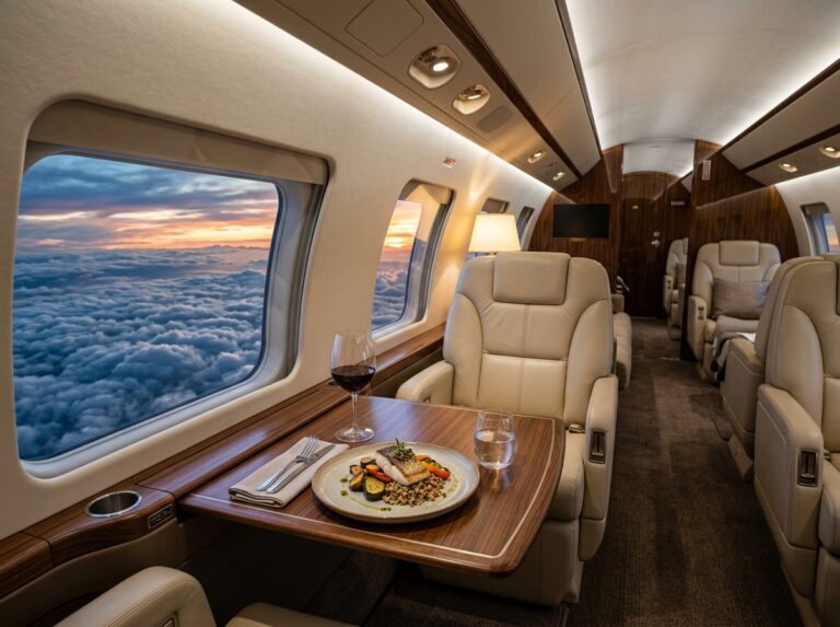 Interno lussuoso di un jet privato con poltrone in pelle e ampie finestre che offrono una vista spettacolare di nuvole e un tramonto durante un volo intercontinentale.