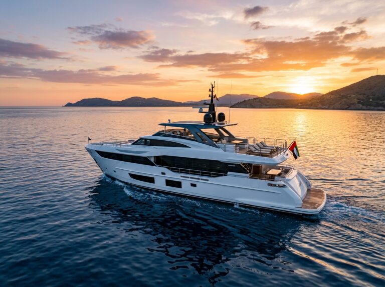 Il superyacht di lusso Majesty 120 naviga con eleganza su acque calme al tramonto, mostrando il suo design moderno e le ampie aree esterne.