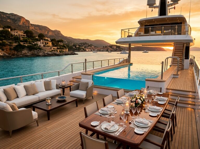 Vista panoramica del ponte di un lussuoso superyacht al tramonto, con eleganti arredi da esterno, una piscina a sfioro e un tavolo da pranzo apparecchiato, sullo sfondo un mare calmo e una costa pittoresca.