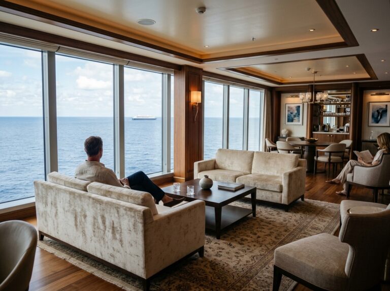 Interno lussuoso di una nave da crociera con ampi spazi, arredi eleganti e vista panoramica sull'oceano, simboleggiando esclusività e comfort.