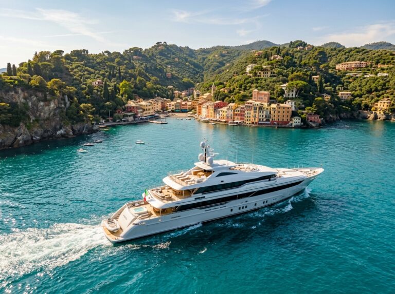 Un lussuoso superyacht naviga nelle acque cristalline della Riviera italiana, con ville costiere sullo sfondo (Immagine generata con IA).