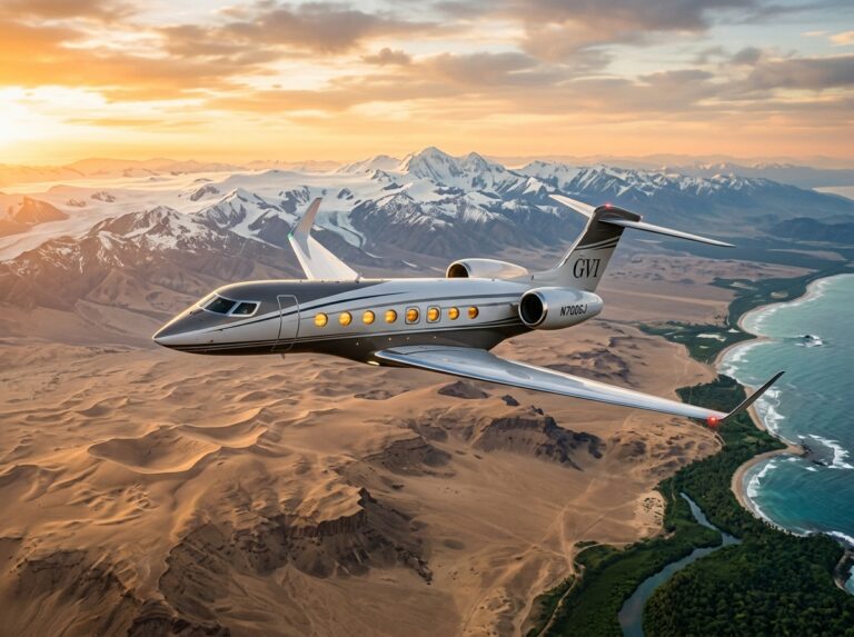 Elegante jet privato di lusso in volo sopra un paesaggio mozzafiato che unisce elementi di diversi continenti, al tramonto (Immagine generata con IA)