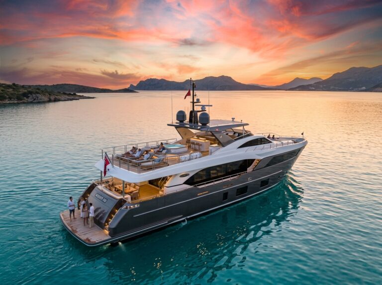 Lussuoso superyacht Majesty 120 in navigazione su acque cristalline al tramonto, con design elegante e ampi ponti (Immagine generata con IA).