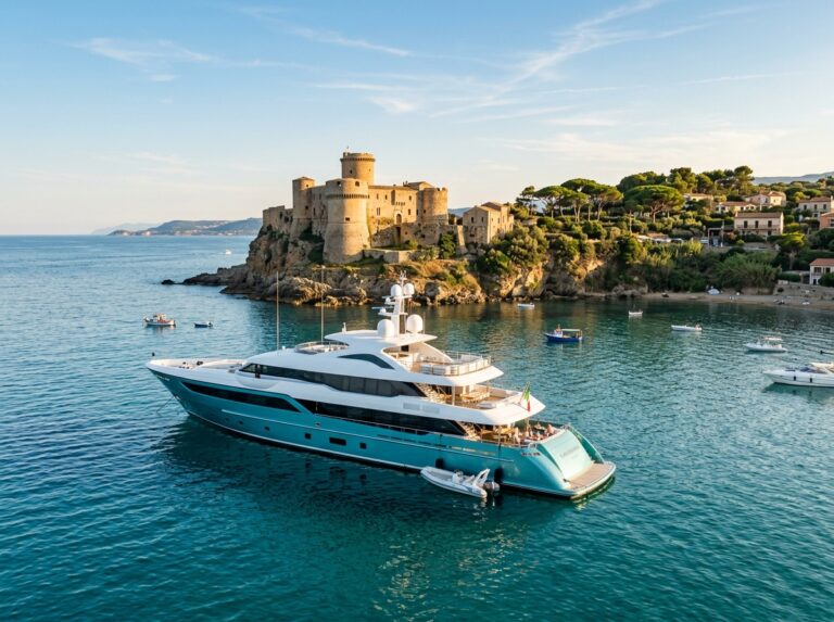 Il superyacht Savannah, con il suo design moderno, è ancorato nelle acque cristalline di Le Castella, Calabria, con lo storico castello aragonese sullo sfondo. (Immagine generata con IA)