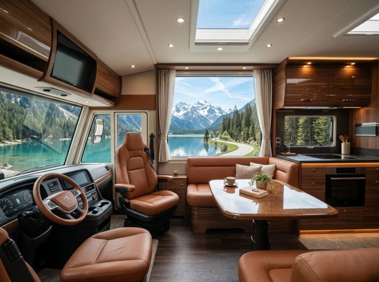 Interno elegante e moderno di un motorhome di lusso con finiture pregiate e vista panoramica su un paesaggio naturale. (Immagine generata con IA)