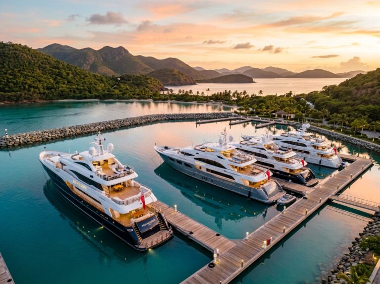 Marina di lusso nelle Isole Vergini con superyacht ormeggiati e acque cristalline al tramonto (Immagine generata con IA).
