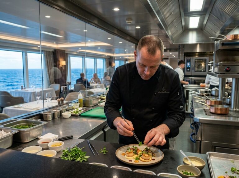 Un rinomato chef prepara un piatto gourmet di alta cucina a bordo di una lussuosa nave da crociera, con la sala da pranzo elegante sullo sfondo e il mare visibile dalle finestre. (Immagine generata con IA)