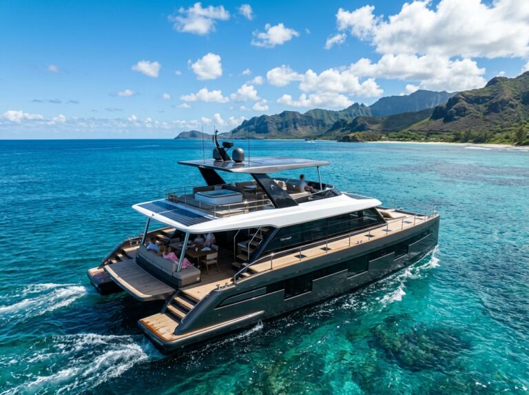 Un lussuoso catamarano Sunreef 43M Eco con un design moderno e sostenibile, naviga su acque calme e turchesi, evidenziando il suo profilo elegante e i pannelli solari integrati. (Immagine generata con IA)