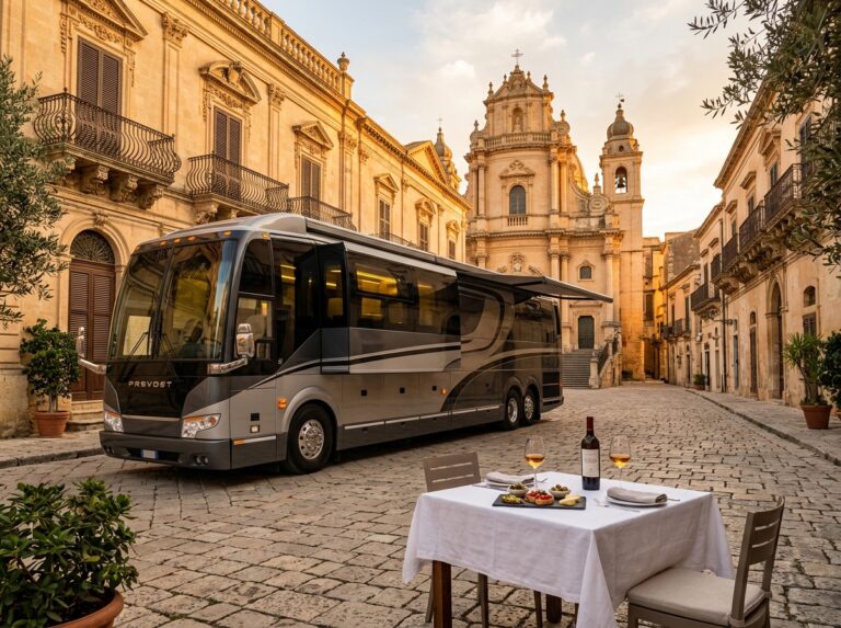 Motorhome di lusso parcheggiato in una piazza di Monterosso Almo, Sicilia, al tramonto, con un tavolo elegante allestito per una cena all'aperto, circondato da edifici barocchi. (Immagine generata con IA)