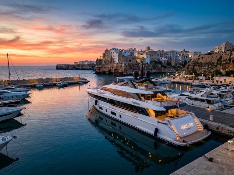 Il lussuoso superyacht Genie Blu ormeggiato al tramonto nella splendida Cala Ponte Marina di Polignano a Mare, con le luci della costa sullo sfondo. (Immagine generata con IA)