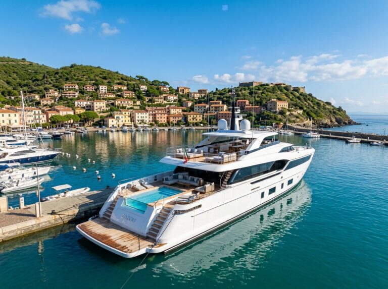 Un lussuoso megayacht Zazou con scafo bianco ormeggiato nelle acque cristalline di Porto Ercole, con ville toscane sulle colline e cielo azzurro (Immagine generata con IA).