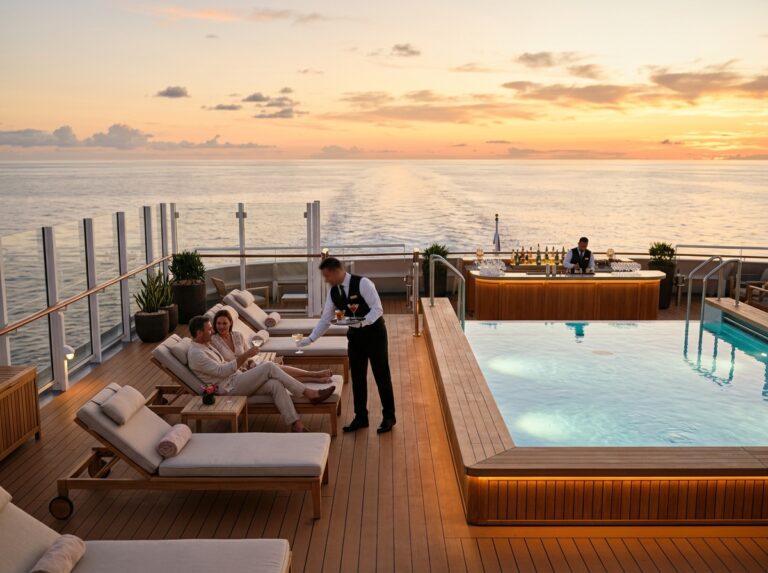 Vista panoramica del ponte di una nave da crociera di ultra-lusso al tramonto, con piscina a sfioro, aree lounge eleganti e servizio impeccabile. (Immagine generata con IA)
