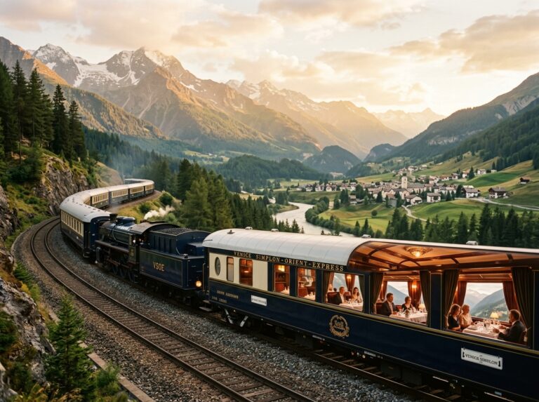 Treno di lusso storico che attraversa un paesaggio suggestivo tra Roma e Istanbul, evocando eleganza e comfort. (Immagine generata con IA)