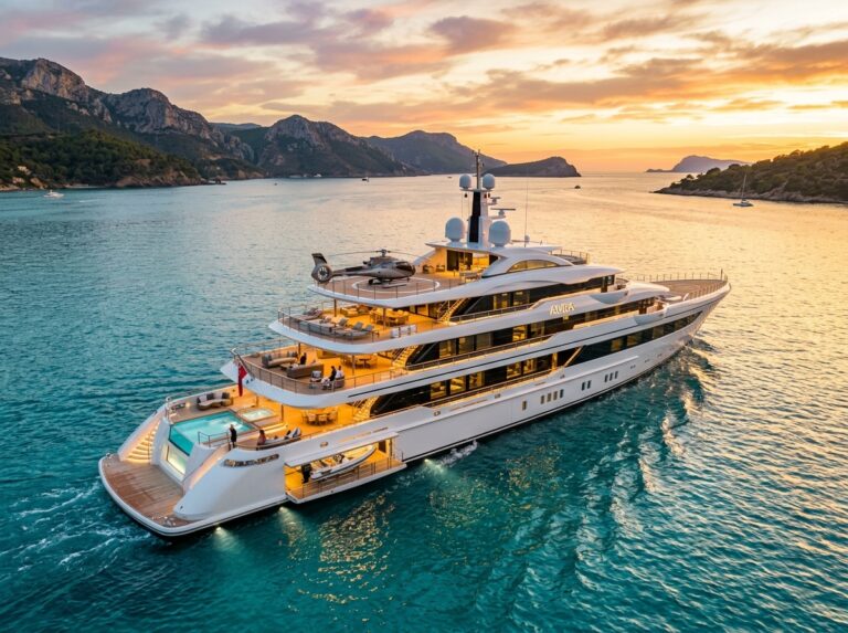 Un magnifico superyacht moderno naviga su acque turchesi al tramonto, mostrando i suoi ponti spaziosi e l'illuminazione elegante. (Immagine generata con IA)