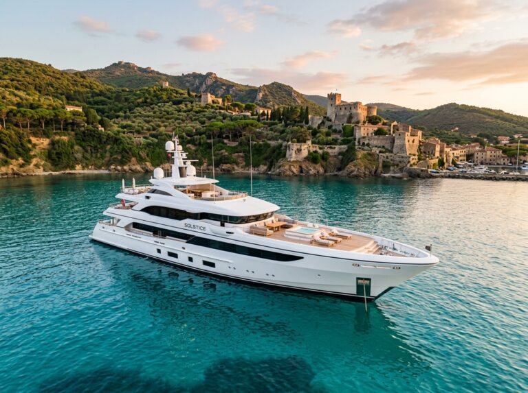 Un sontuoso superyacht bianco ormeggiato nelle acque cristalline di Talamone, con le colline mediterranee sullo sfondo, evocando lusso e tranquillità (Immagine generata con IA).