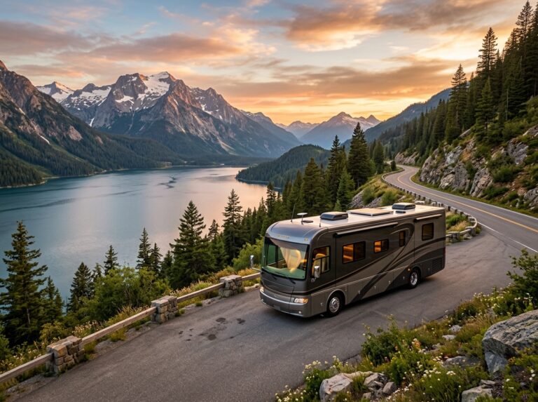 Un motorhome di lusso da 15 tonnellate con design elegante, parcheggiato su una strada panoramica che si affaccia su un lago al tramonto, immerso nella natura incontaminata (Immagine generata con IA).