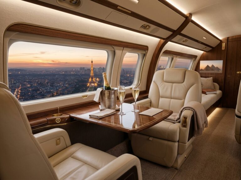 Interno lussuoso di un jet privato con sedili in pelle, tavolo elegante e vista panoramica su un iconico paesaggio globale dal finestrino (Immagine generata con IA).