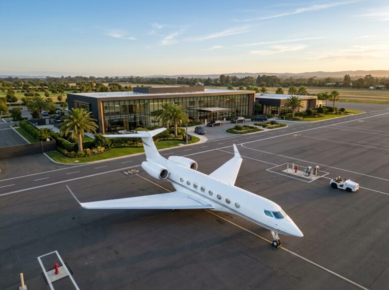 Un elegante jet privato bianco parcheggiato su una pista di un aeroporto di lusso al tramonto, simbolo di viaggio esclusivo e libertà (Immagine generata con IA).