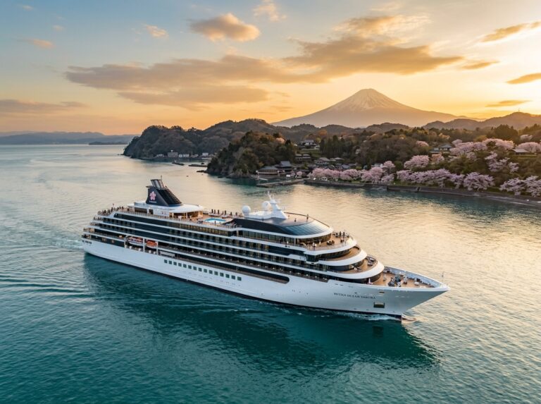 Una moderna e lussuosa nave da crociera, la Mitsui Ocean Sakura, naviga al tramonto nelle acque calme vicino a una costa giapponese con ciliegi in fiore. (Immagine generata con IA)