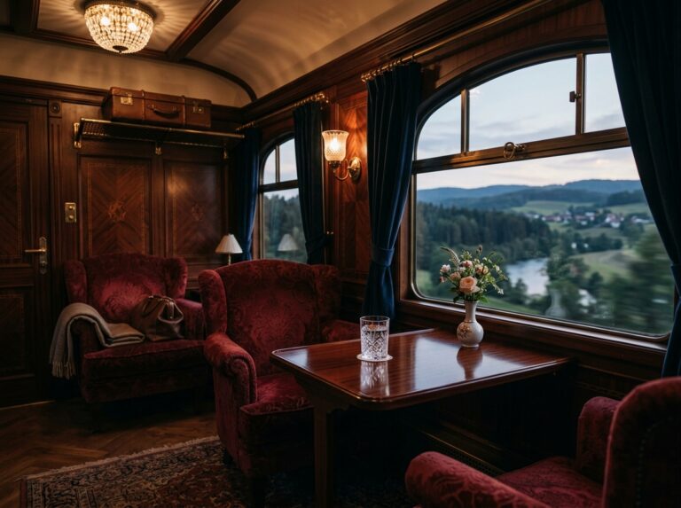 Interno opulento di un treno di lusso con poltrone in velluto e legno lucido, che attraversa un paesaggio pittoresco (Immagine generata con IA).
