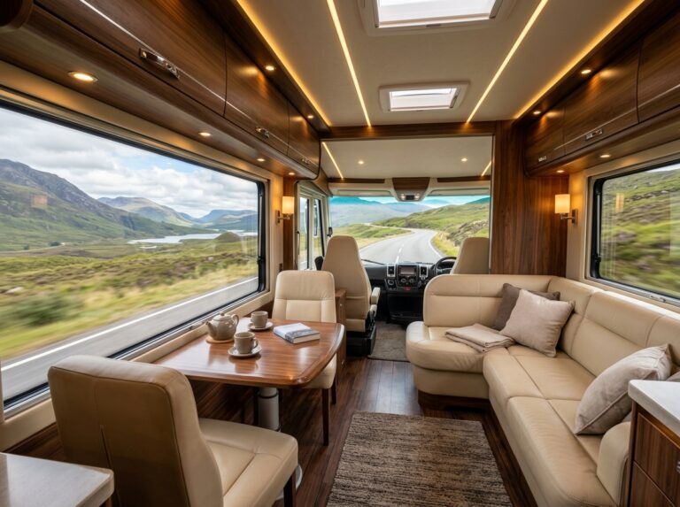 Interni sontuosi di un motorhome di lusso con sedili in pelle e finiture in legno, che offre una vista panoramica sul paesaggio scozzese. (Immagine generata con IA)