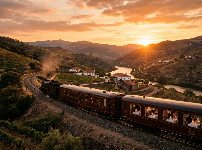 Un lussuoso treno d'epoca, simile all'Orient Express, che attraversa un incantevole paesaggio portoghese al tramonto. (Immagine generata con IA)