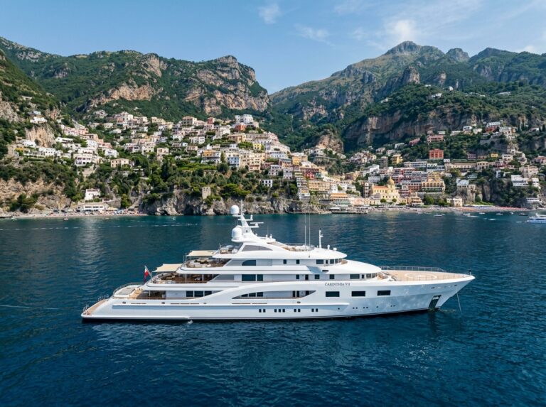 Il lussuoso megayacht Carinthia VII ancorato nelle acque cristalline della Costiera Amalfitana, con i pittoreschi villaggi in sottofondo. (Immagine generata con IA)