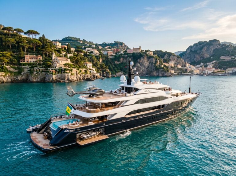 Un lussuoso megayacht di 83,5 metri, con design moderno ed elegante, naviga in acque cristalline lungo la costa italiana. (Immagine generata con IA)