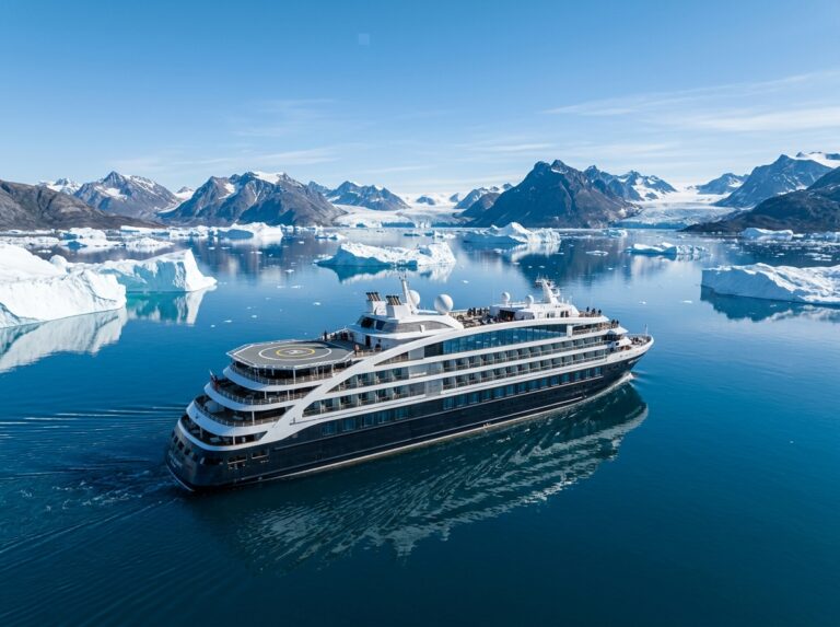 Una moderna nave da crociera di lusso per spedizioni, con design elegante e ampie finestre panoramiche, naviga in acque artiche calme e profonde tra iceberg, sotto un cielo sereno (Immagine generata con IA).