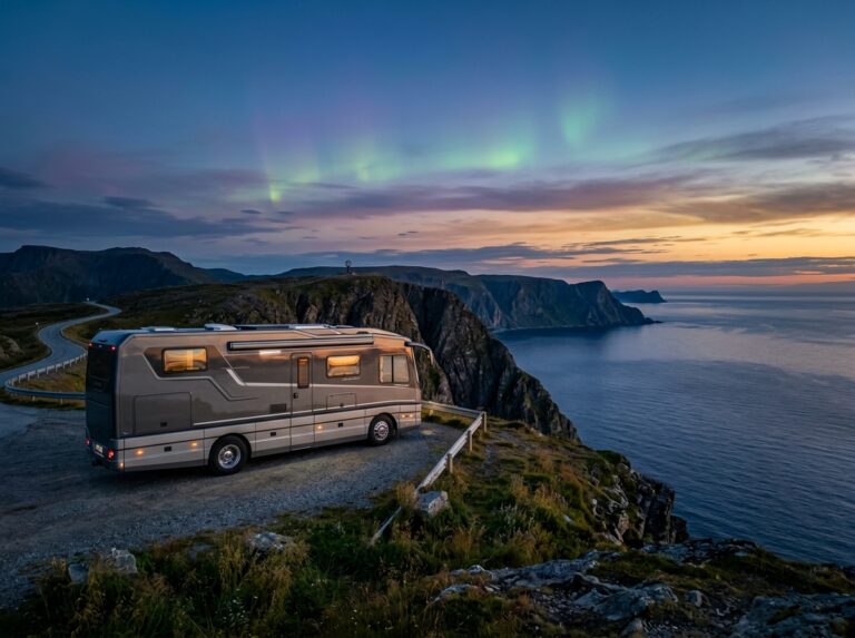 Un lussuoso motorhome di design moderno parcheggiato su un punto panoramico a Capo Nord, con vista sul mare Artico al tramonto o all'alba, che evoca un viaggio esclusivo e avventuroso (Immagine generata con IA).