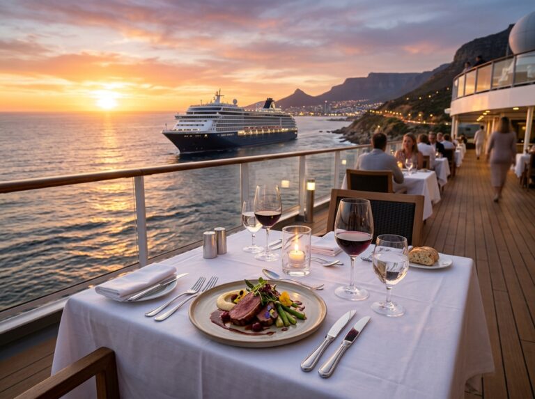 Una lussuosa nave da crociera al tramonto, con un tavolo elegantemente imbandito per una cena gourmet in primo piano. (Immagine generata con IA)