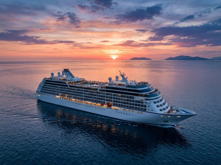 Nave da crociera di lusso Oceania Sonata in navigazione al tramonto, con un design elegante e moderno (Immagine generata con IA)