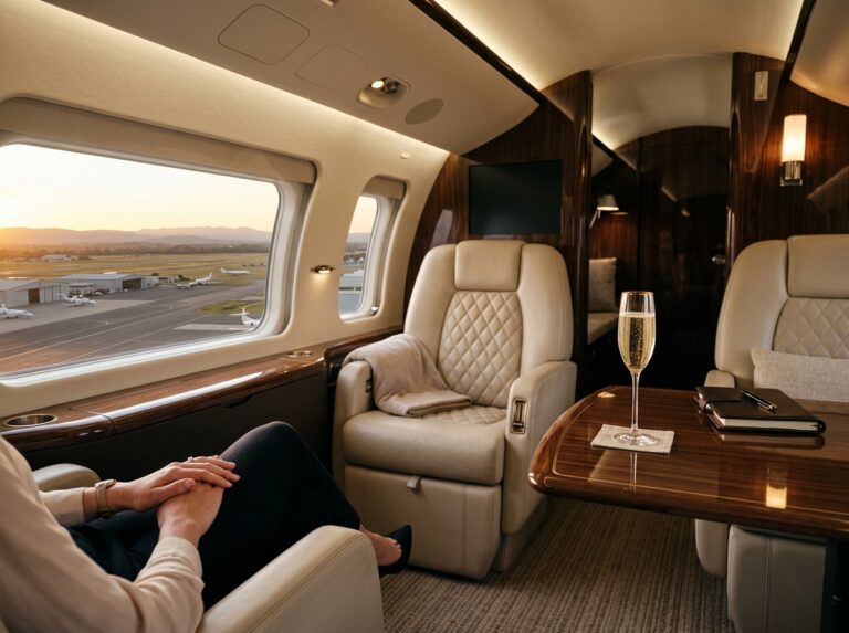 Interni lussuosi di un jet privato moderno con sedili in pelle, tavolo con champagne e vista su una pista al tramonto (Immagine generata con IA).